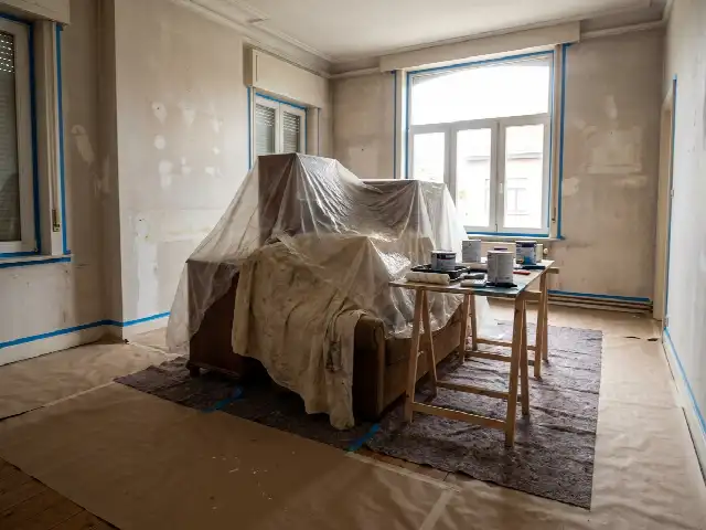 Kamer afgedekt en afgeplakt voor het schilderwerk